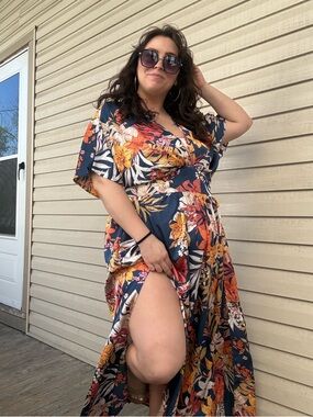 SHEIN Navy Floral Maxi Dress with Orange & Yellow Blooms
